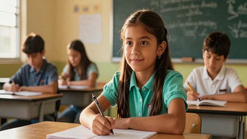 Niño mexicano en aula con luz dorada