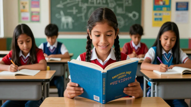 Niño mexicano feliz lee en aula moderna