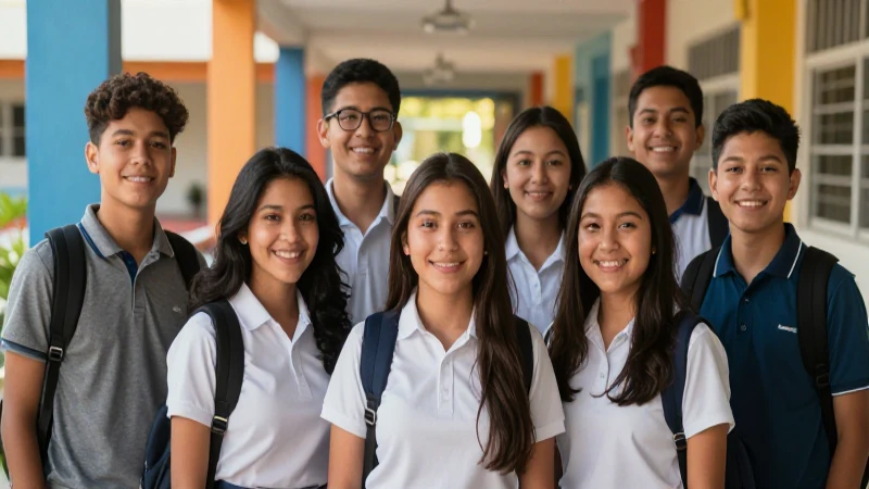 Jóvenes mexicanos sonriendo en un pasillo escolar