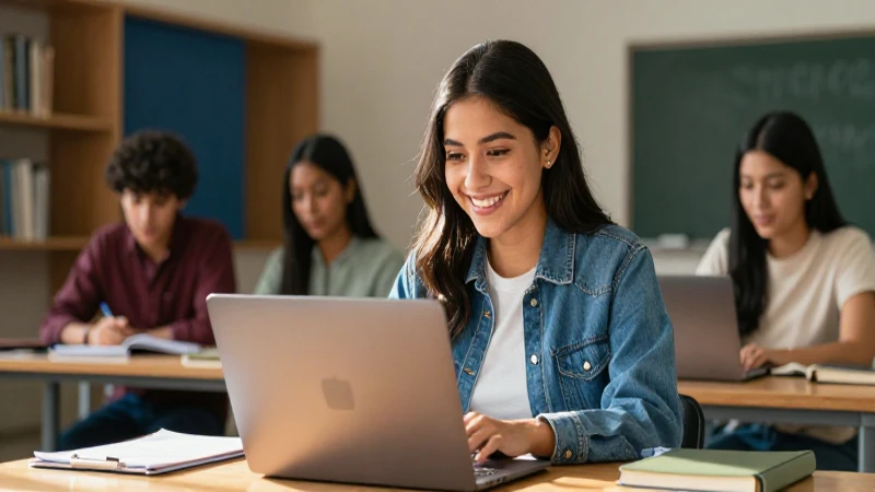 Estudiante mexicana sonríendo en moderno entorno académico