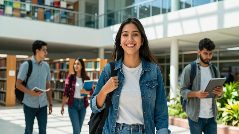 Estudiante mexicana sonríe en campus moderno