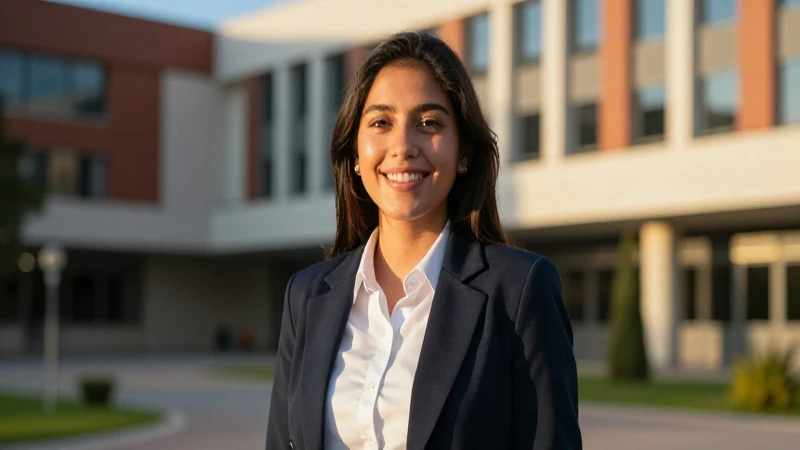 Estudiante mexicano radiante en campus profesional