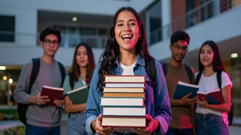Estudiante mexicano sonriente sostiene libros en campus moderno