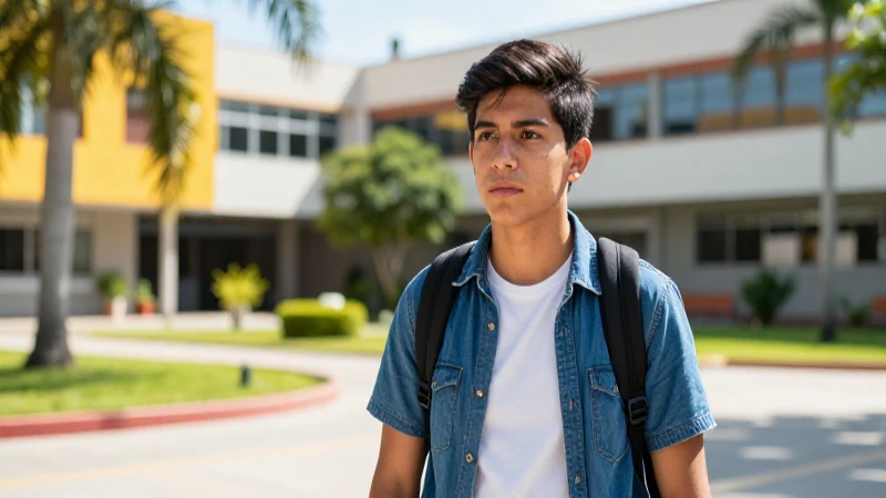 Estudiante mexicano decidido en campus universitario moderno