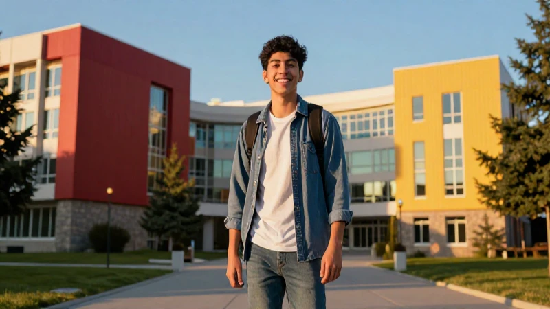 Estudiante mexicano en campus moderno bajo luz dorada