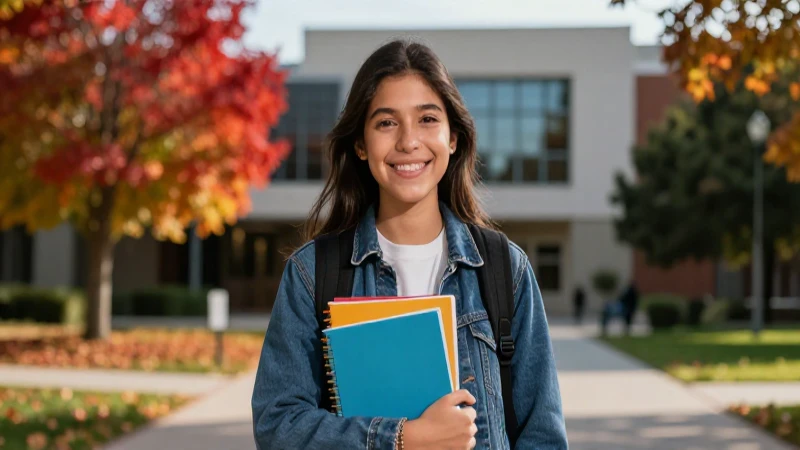 Estudiante mexicano sonriente en campus vibrante y moderno