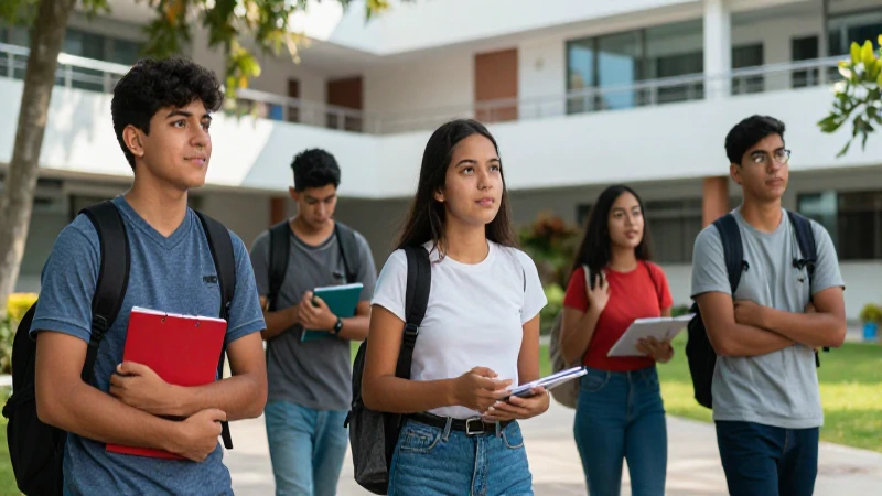 Estudiantes mexicanos exitosos en campus universitario moderno