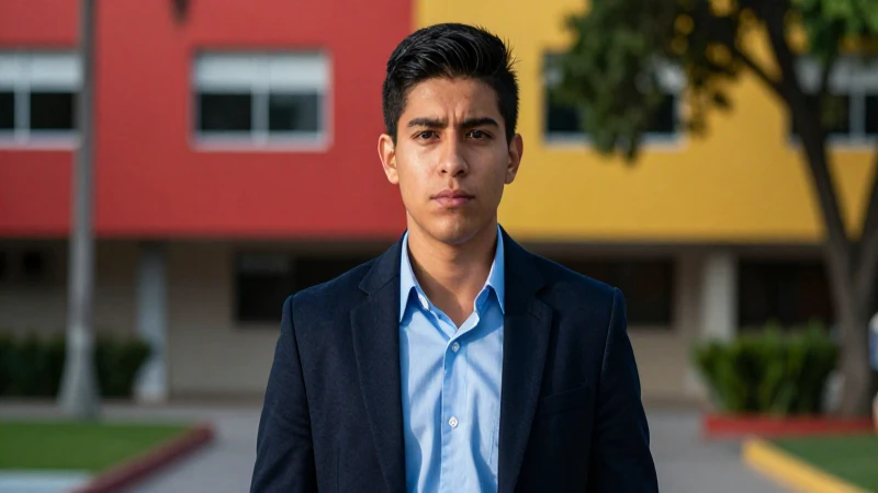 Estudiante mexicano moderno en campus con iluminación dramática