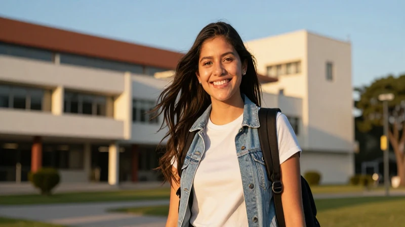 Estudiante mexicana feliz en universidad moderna