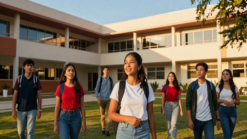 Jóvenes mexicanos en campus moderno y aspiracional