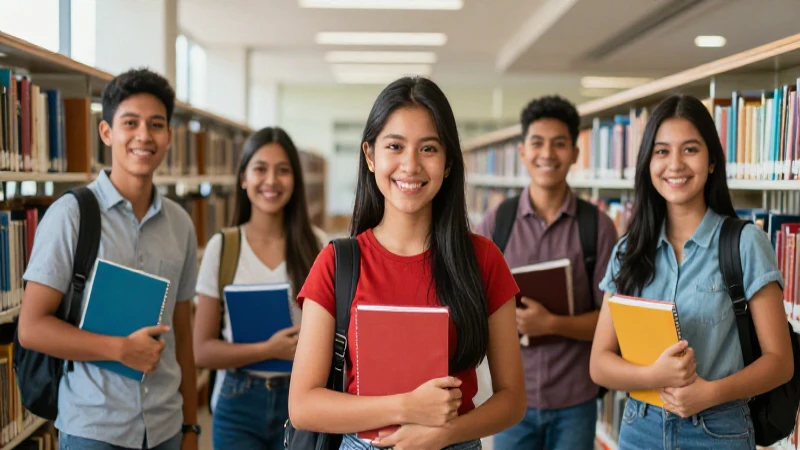 Estudiantes mexicanos felices en una biblioteca moderna