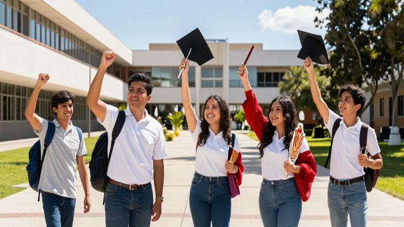 Estudiantes mexicanos celebrando su éxito académico en un campus brillante