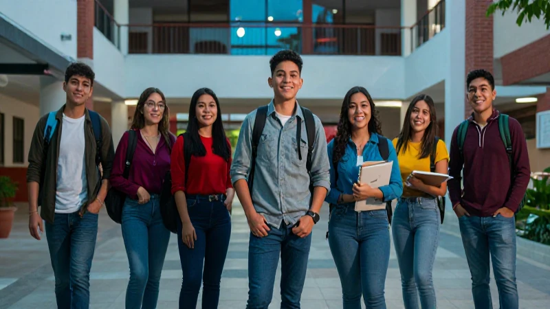 Jóvenes estudiantes mexicanos en moderno campus universitario