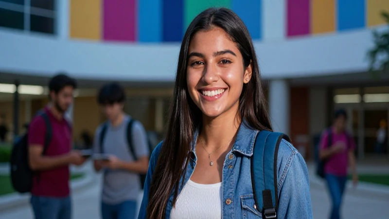 Estudiante mexicana sonriente en moderno campus