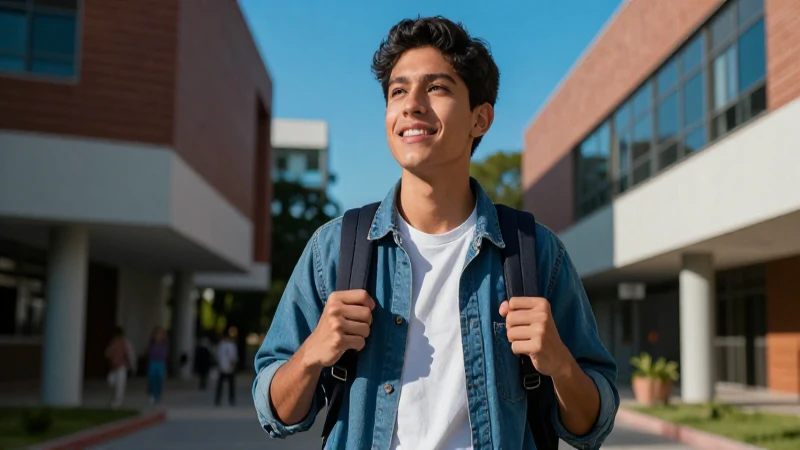 Joven mexicano en campus, estilo cinematográfico vibrante