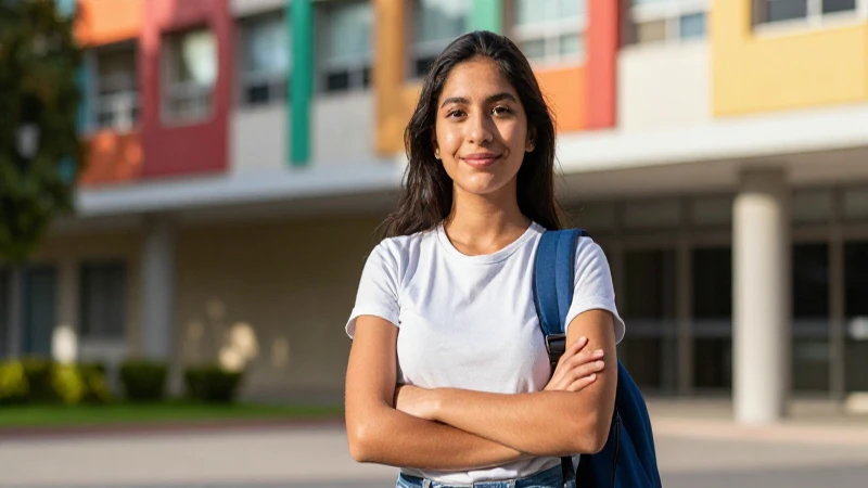 Estudiante mexicana optimista en campus moderno