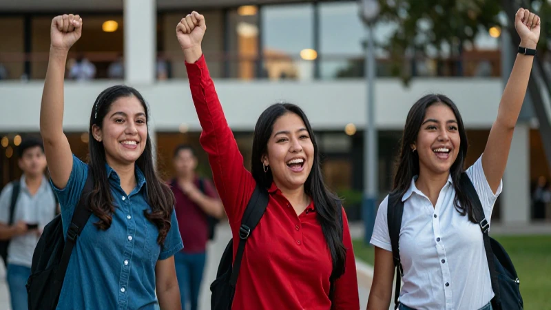 Estudiantes mexicanos celebrando el éxito en el campus
