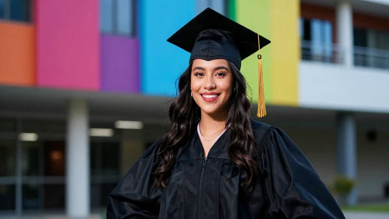 Estudiante mexicano sonriente con toga y fondo vibrante