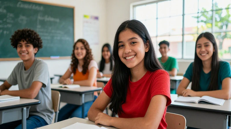Estudiantes mexicanos felices en aula moderna y colorida