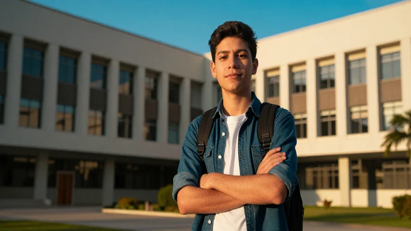Estudiante mexicano confiado en campus moderno