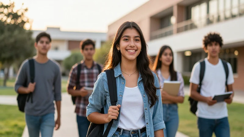 Estudiante mexicana sonriente en campus moderno