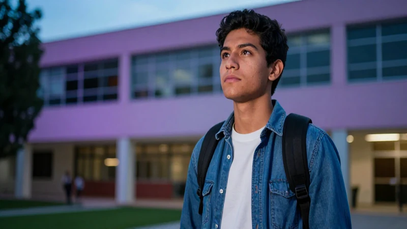 Estudiante mexicano aspiracional en campus moderno
