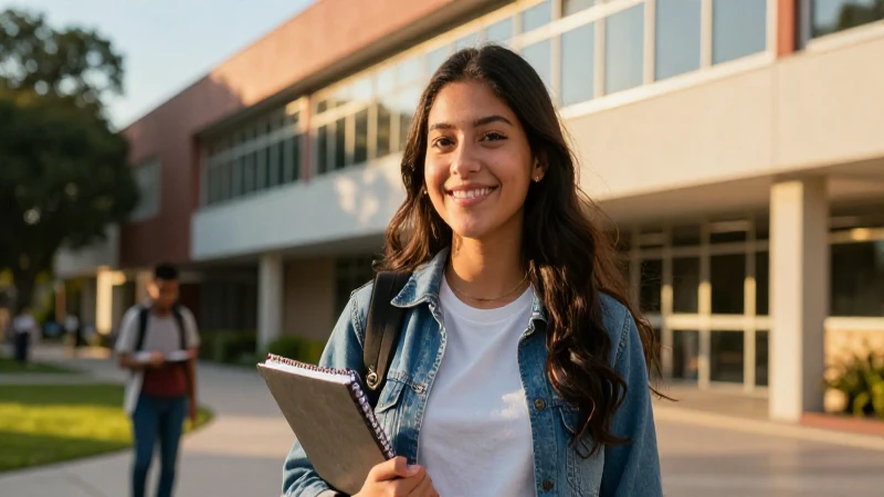 Joven sonriendo en campus universitario moderno