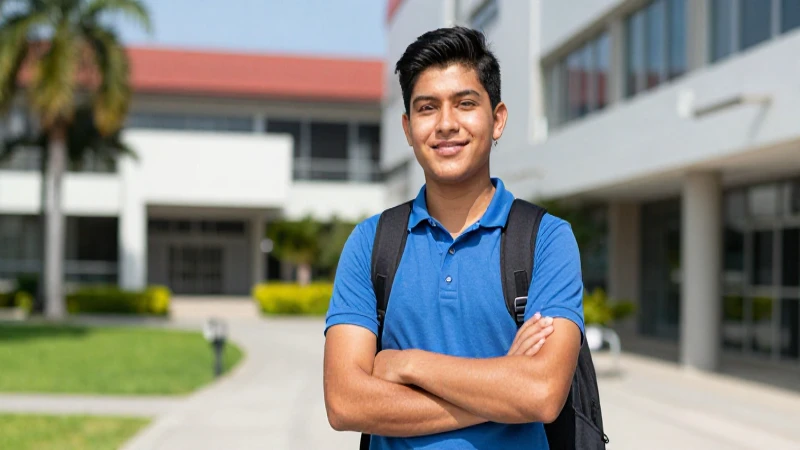 Estudiante mexicano de éxito en campus moderno