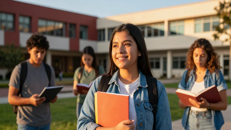 Estudiante mexicano exitoso en campus moderno