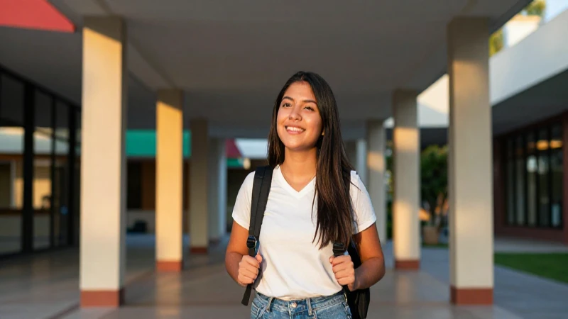 Estudiante mexicano esperanzado en campus moderno