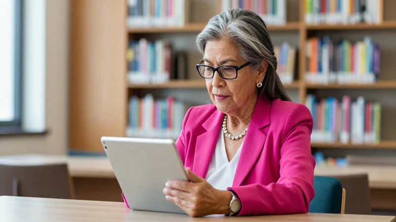 Mujer anciana estudiosa en biblioteca moderna