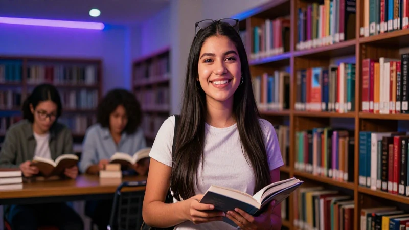 Estudiante mexicano sonriente en una librería moderna