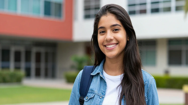 Estudiante mexicana alegre destaca en el campus moderno