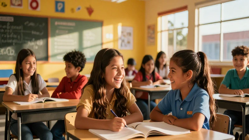 Niños mexicanos riendo en aula vibrante
