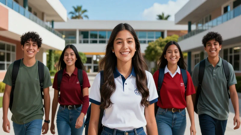 Estudiantes mexicanos sonriendo en campus moderno