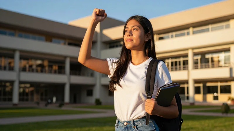 Estudiante mexicana victoriosa en campus universitario