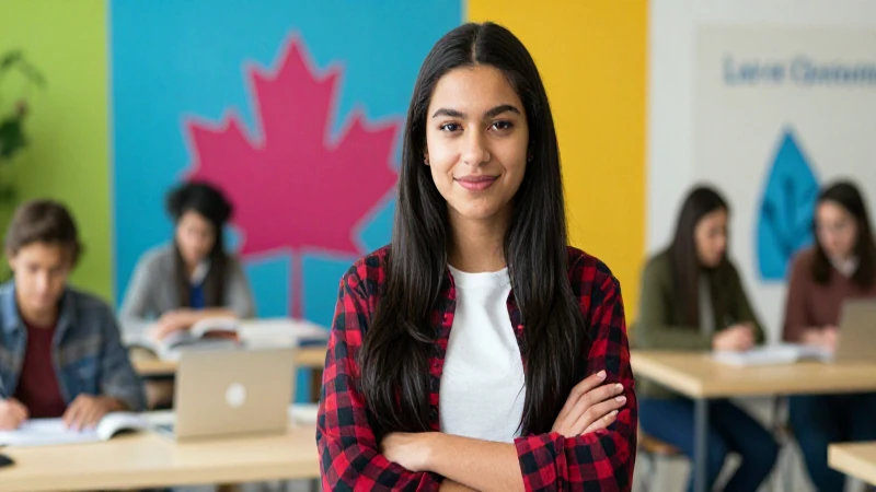 Estudiante mexicano sonriente en campus canadiense moderno