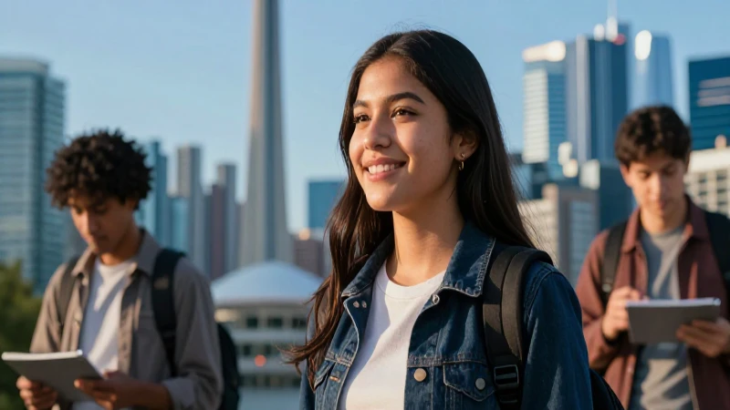 Joven mexicana sonríe ante el vibrante paisaje de Toronto
