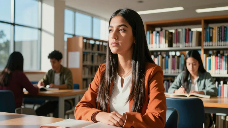 Estudiante mexicana en biblioteca moderna, con luz intensa
