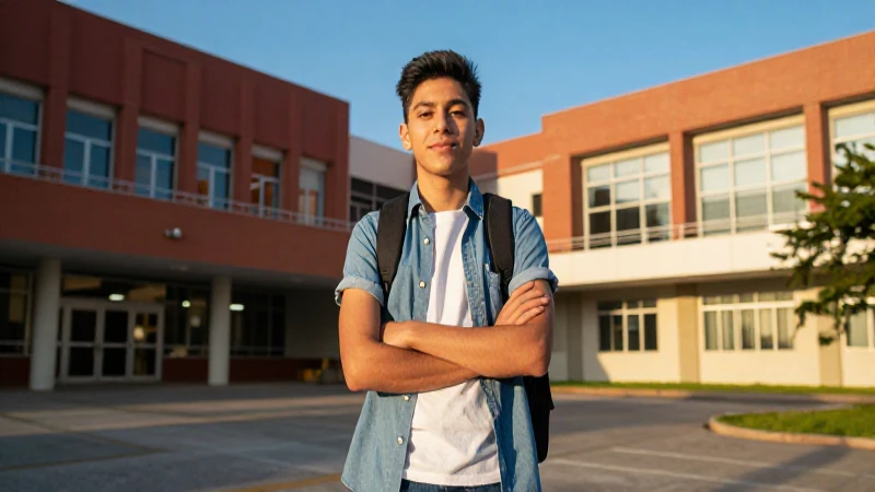 Estudiante mexicano seguro en campus con luz dorada
