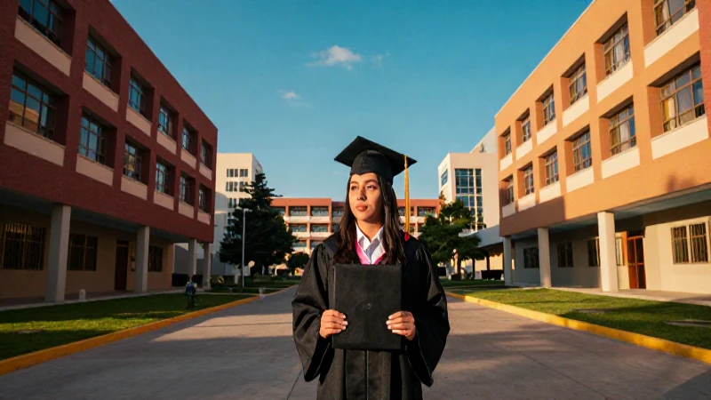 Estudiante mexicana ambiciosa en campus moderno