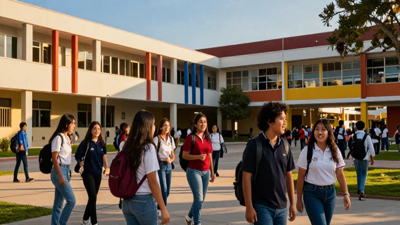 Estudiantes mexicanos celebrando en campus moderno