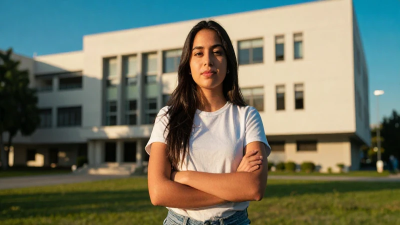 Estudiante mexicano exitoso en campus moderno