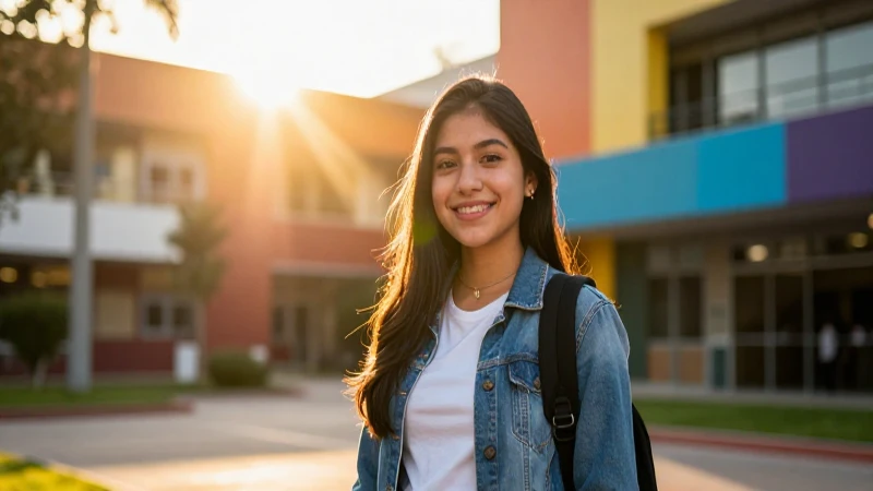 Estudiante sonriente y luz de oportunidad en el campus