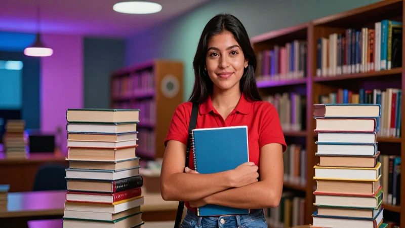 Joven madre mexicana en librería con estilo profesional