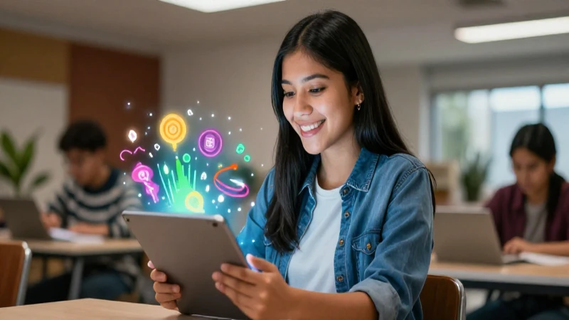 Estudiante sonriente aprende tecnología con luz vibrante