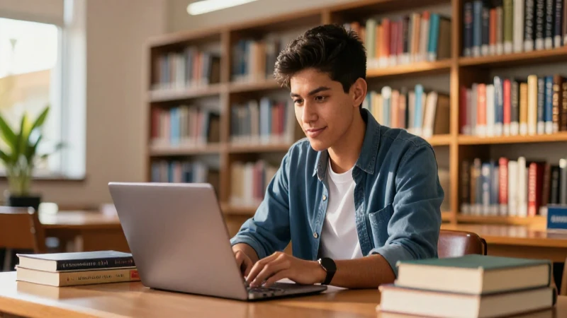 Estudiante mexicano en biblioteca, ilustración de alta calidad