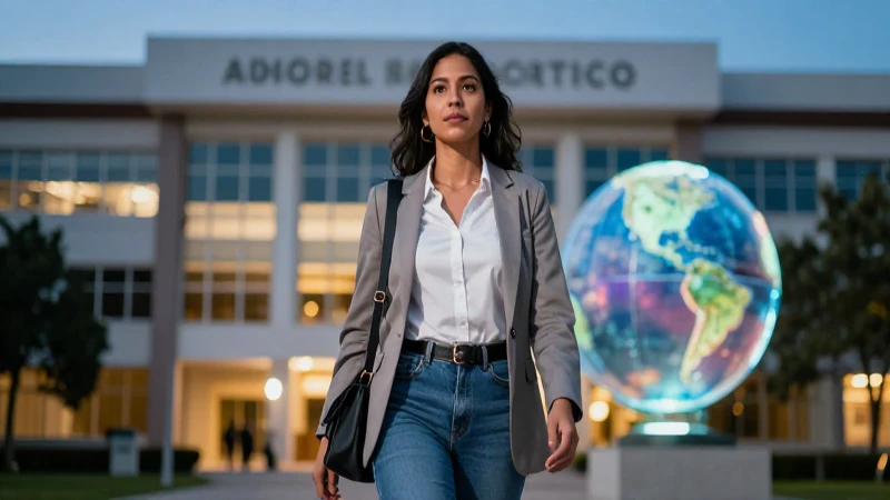 Mujer mexicana moderna camina confiada por universidad brillante