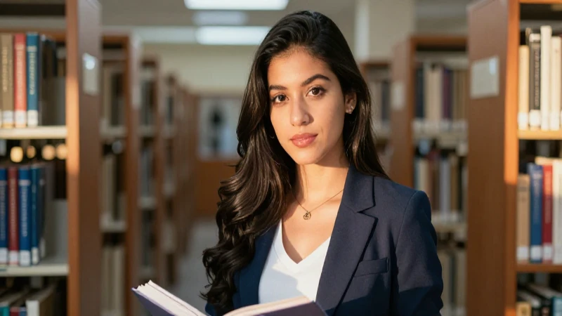 Mujer mexicana académica estudia en biblioteca vibrante