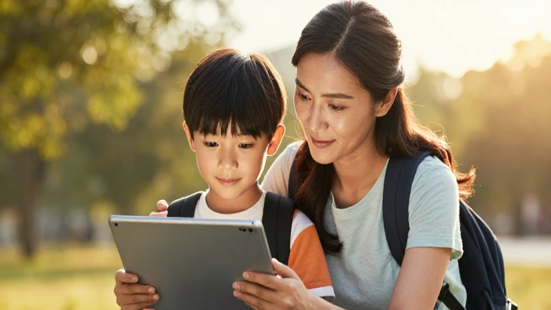 Padre guía estudiante con tablet futurista